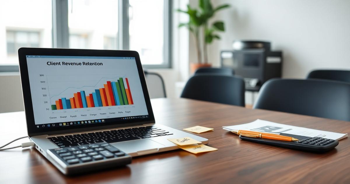 Laptop showing a client revenue retention chart beside sticky notes, a calculator and a pen on a bright desk