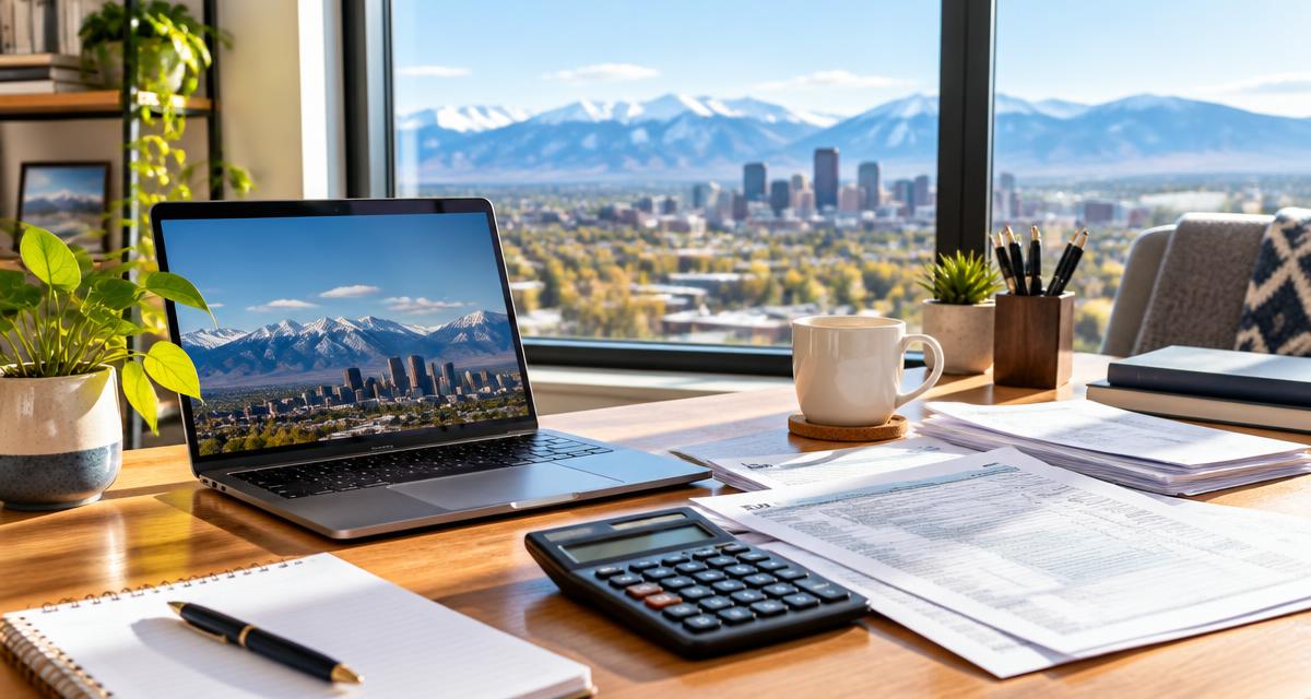 Denver home office desk with laptop, calculator and tax paperwork in front of a window with the Rocky Mountains