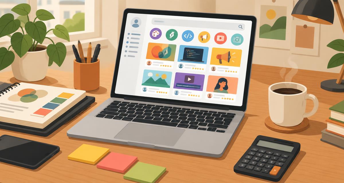A freelance designer's desk with a laptop showing a gig marketplace, calculator, coffee and sticky notes