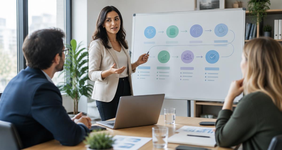 AI consultant presenting a roadmap on a whiteboard to two clients in a modern office