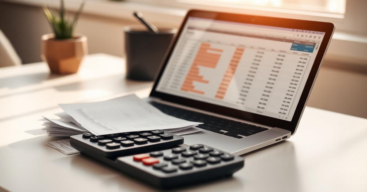 Receipts, a calculator and an expense spreadsheet open on a laptop at a bright desk