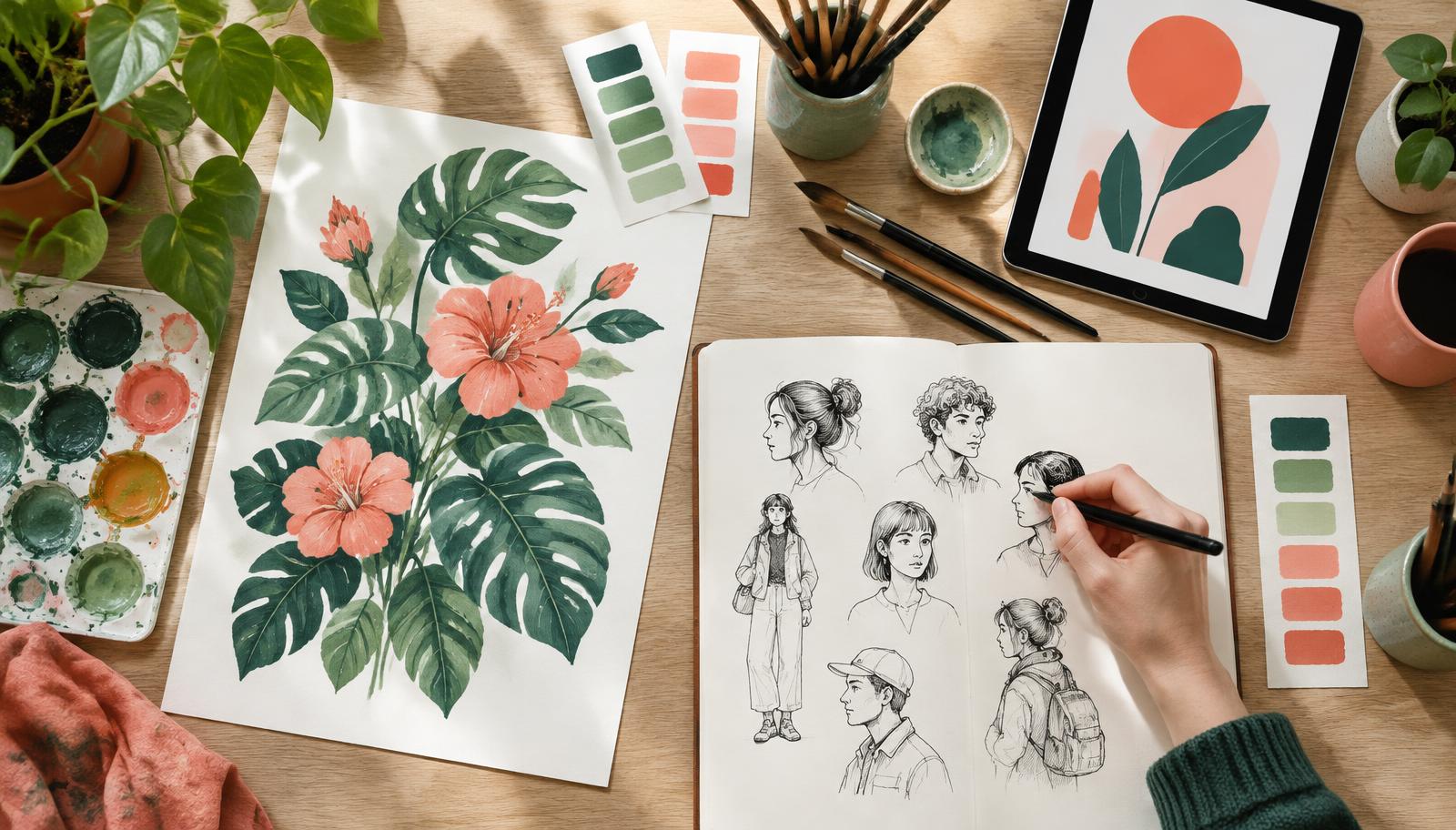 Illustrator sketching characters beside botanical artwork, brushes and a tablet