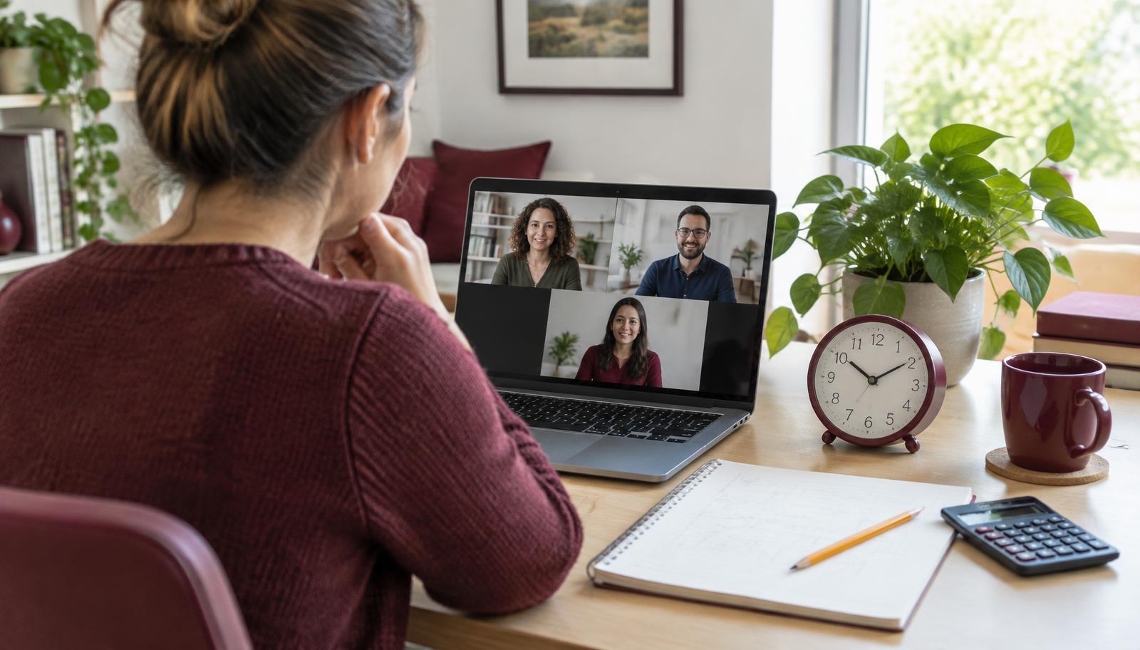 Freelancer joining a video call beside an analog clock, notebook and calculator