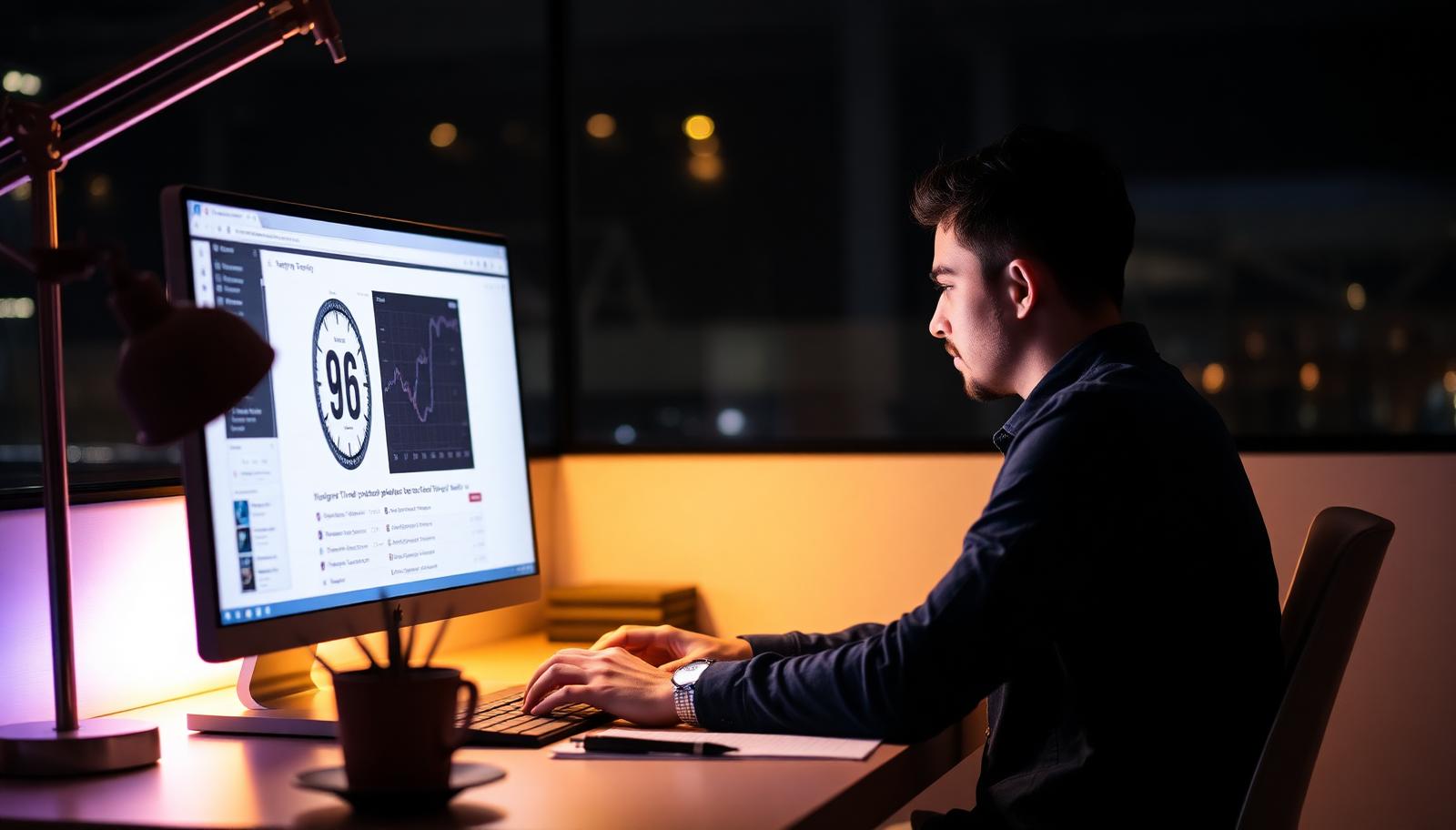 Freelancer working late at night at a desk with a time tracker open on screen