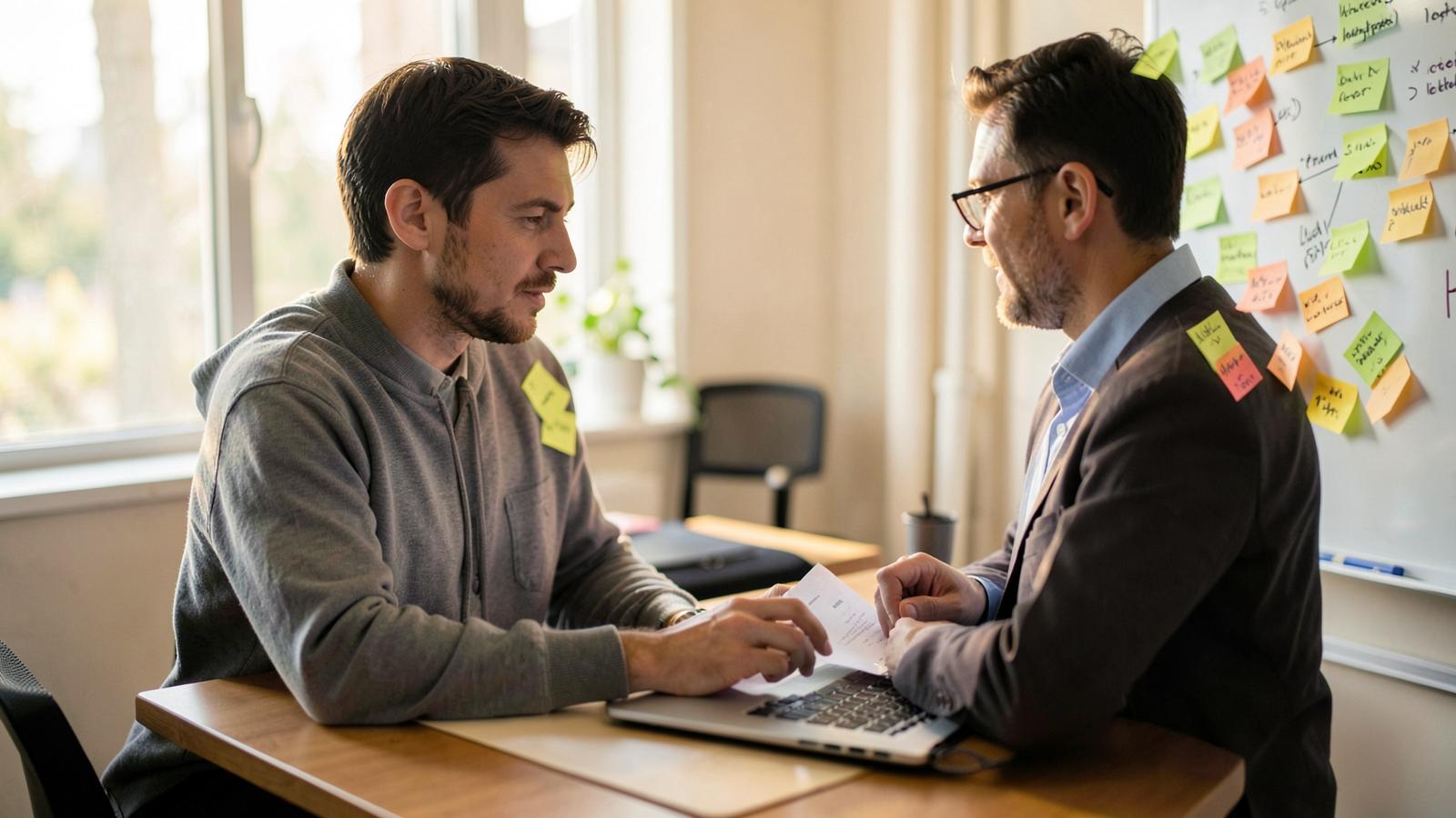 Freelancer reviewing a project scope with a client beside a whiteboard of growing task notes