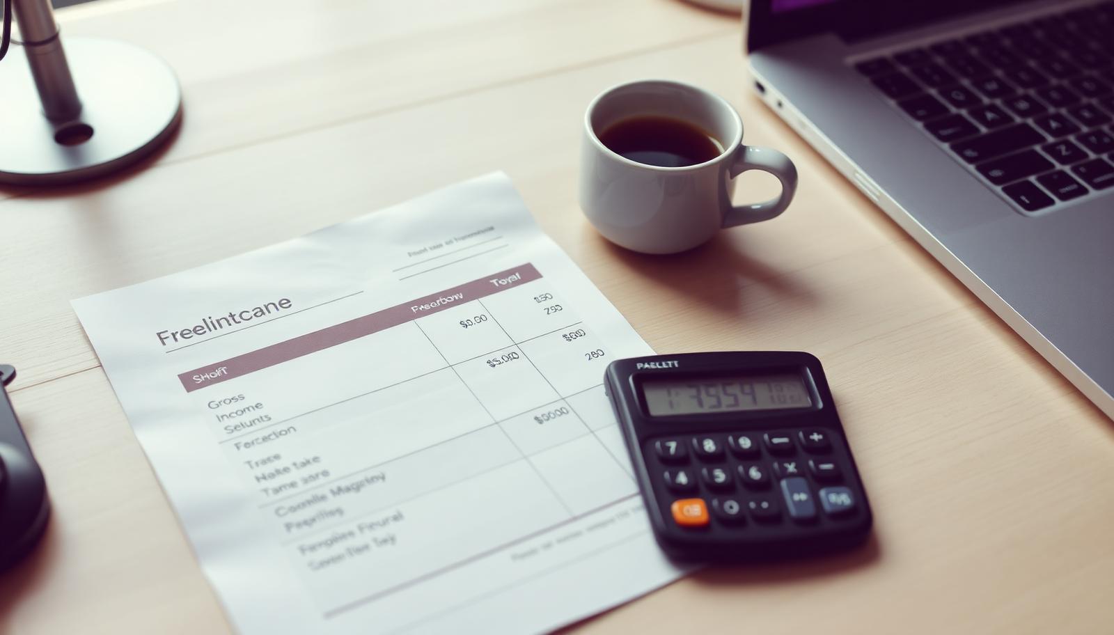 Freelancer's desk with a gross-to-net pay breakdown sheet, calculator and laptop