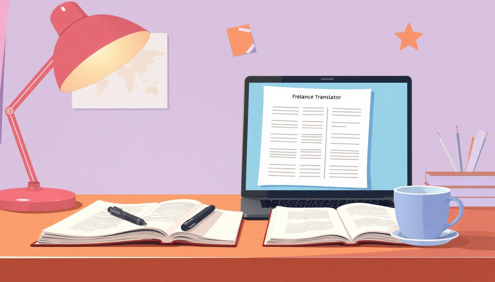 A translator's desk with a bilingual manuscript, laptop and reference books