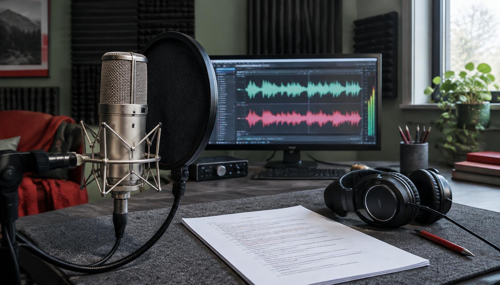 Condenser microphone, pop filter, headphones and audio waveforms in a voice recording studio