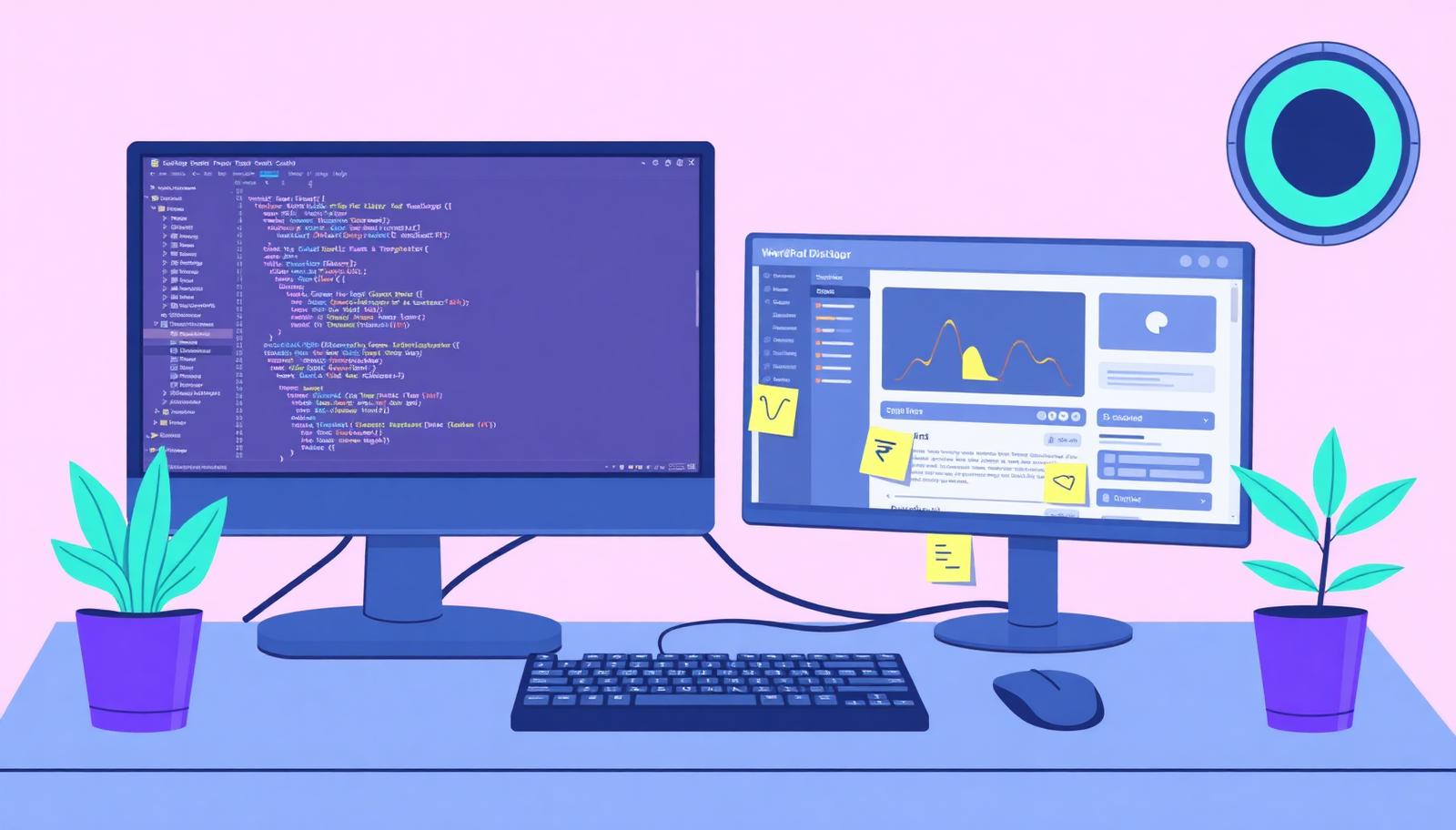 A developer workspace with two monitors showing code and a website dashboard