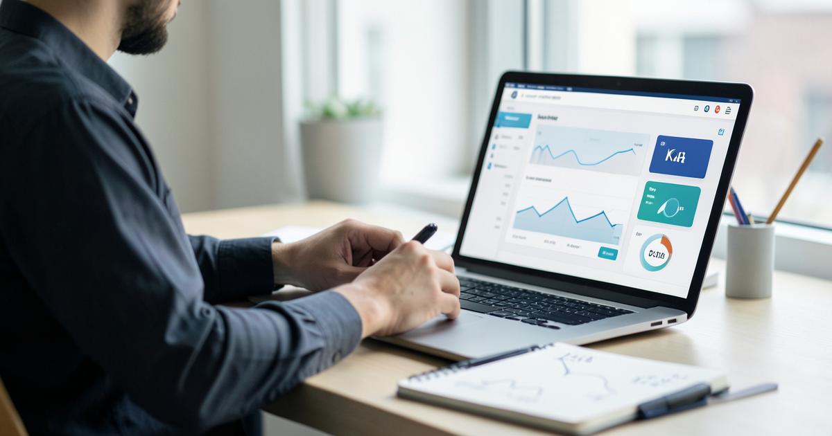Freelancer reviewing a performance dashboard with KPI cards and charts on a laptop