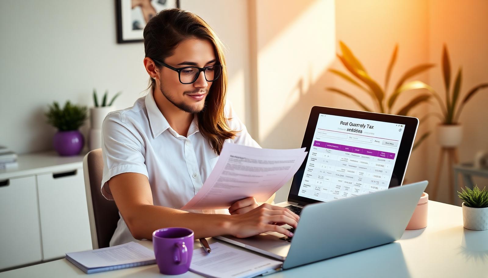 Freelancer reviewing tax withholding paperwork beside a laptop showing quarterly tax set-asides