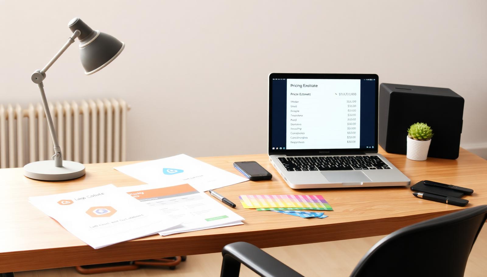 Graphic designer's desk with logo concept sheets, colour swatches and a laptop showing a pricing estimate