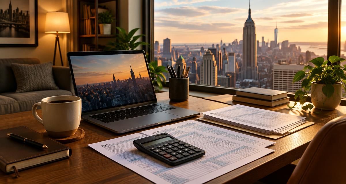 Manhattan apartment home office with a laptop, calculator and tax forms in front of a window overlooking the New York skyline