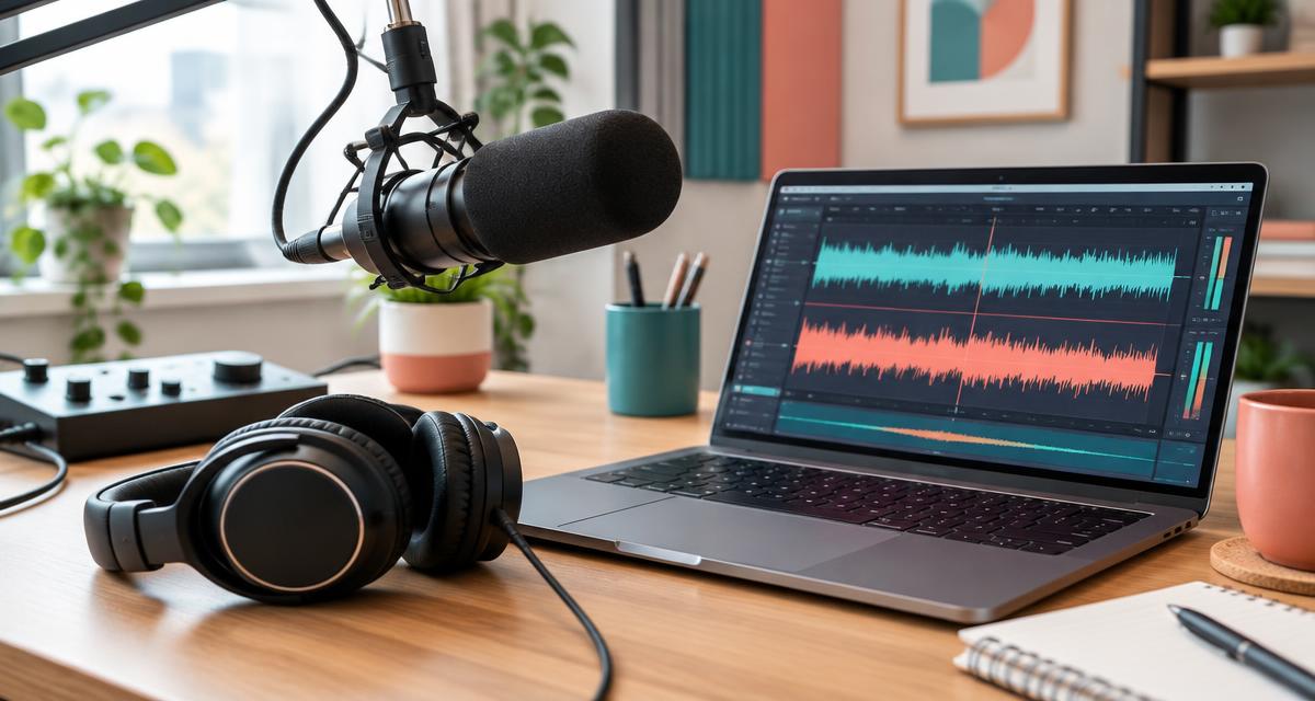 Podcast microphone and headphones beside a laptop displaying audio waveforms