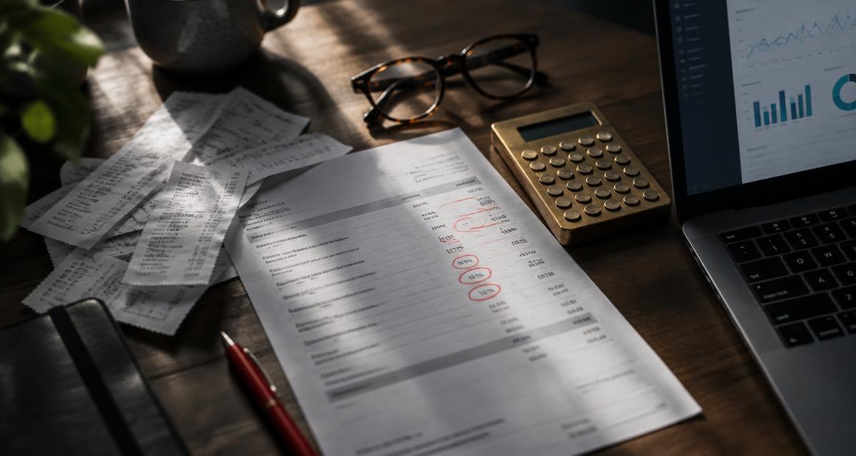 Overhead view of a desk with receipts, an invoice with percentage deductions circled in red pen, a brass calculator and a laptop