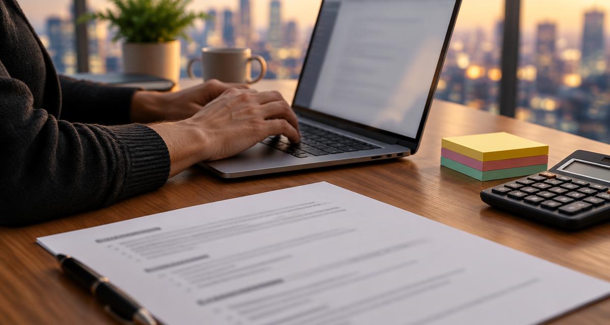 A freelancer typing on a laptop beside a printed project scope document, sticky notes and a desk calculator